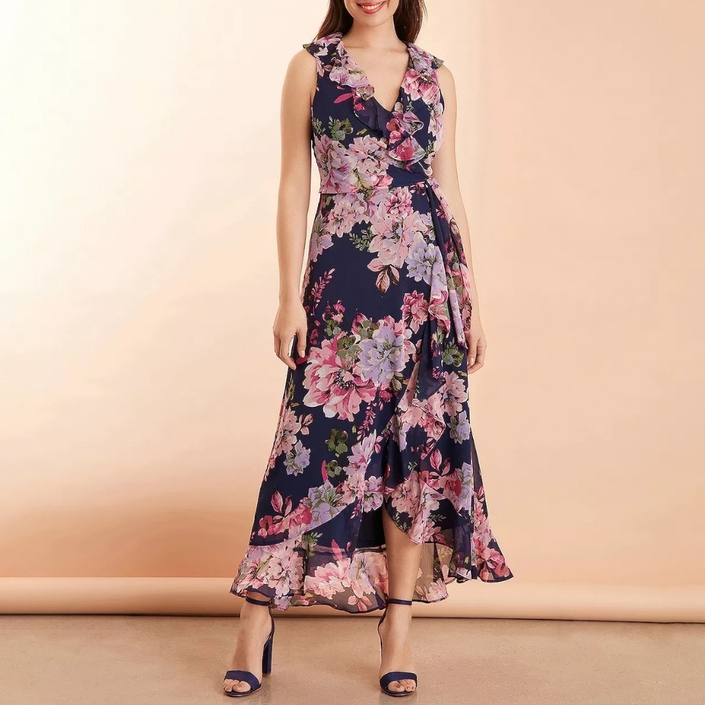 London Times Navy Blue Pink Floral High Low Ruffle Faux Wrap Maxi Dress 14 NWT